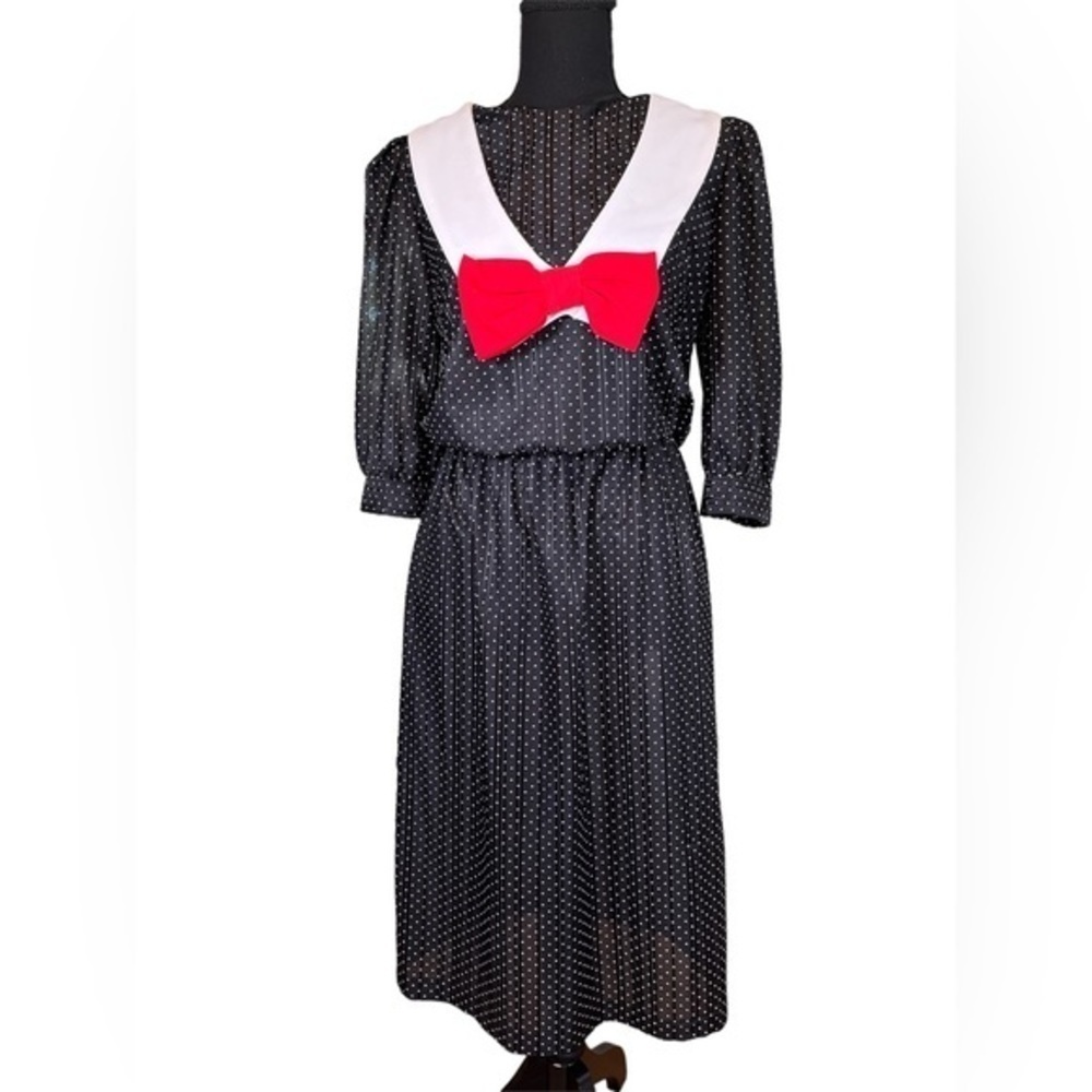Vintage Just Ducky 60’s Sailor Style Dress | Black, White Dots, Red Bow …